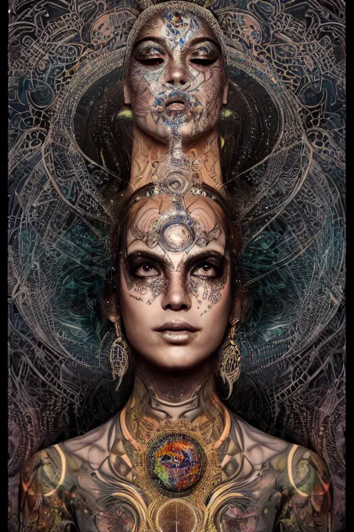 Image similar to a centered render of an mytical festival hippy with tribal tattoos wearing intricate metallic clothing surrounded by a underwater ink pour and flowing liquid gallium and sacred geometry, perfect body and face, gorgeous, cinematic, beautifully lit, by alberto seveso, by karol bak, by donato giancola, 3 d, trending on artstation, octane render, 8 k