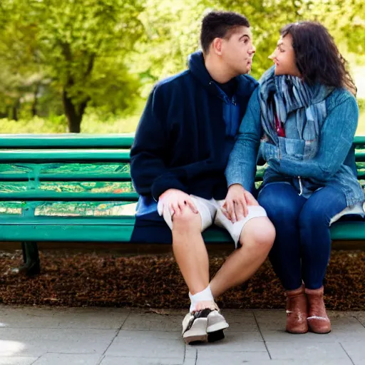 Prompt: a couple sitting on a park bench, f/22