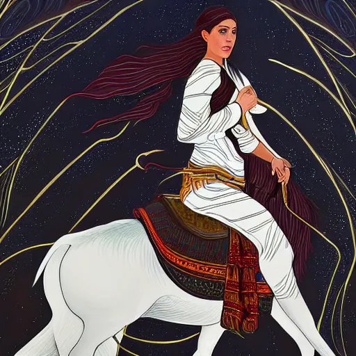 Image similar to full body shot of a beautiful young kurdish woman riding a beautiful white horse in the kurdish mountains art by martin ansin, highly detailed, 8 k, high resolution, award winning art, incredibly intricate, beautiful and symmetrical face