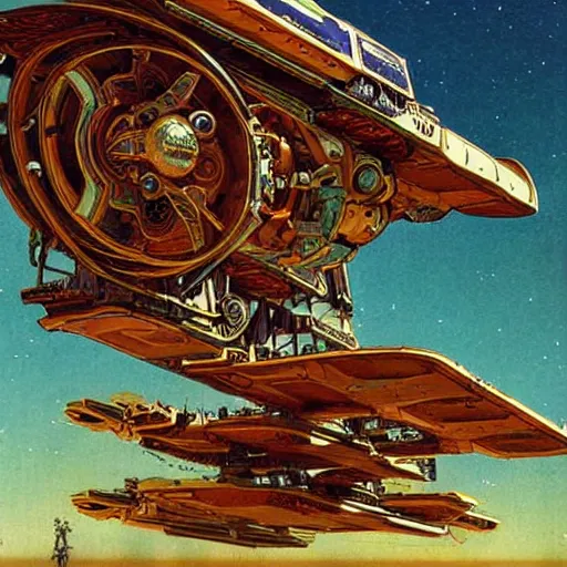 Prompt: solarpunk art nouveau spaceship skyship mecha made of mystical wood and cloth, tribal intricate design mechanical, dynamic 360 wide angle shot vehicle 2d cinematography by moebius