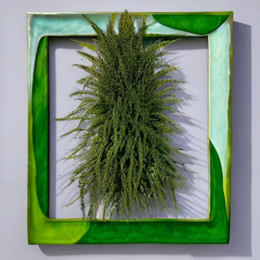 Prompt: a ceramic sculpture of some kind of plant in a glazed surreal abstract hand-crafted frame with imperfections with a white wall behind it and swirling green plants in the center by cleo sjolander