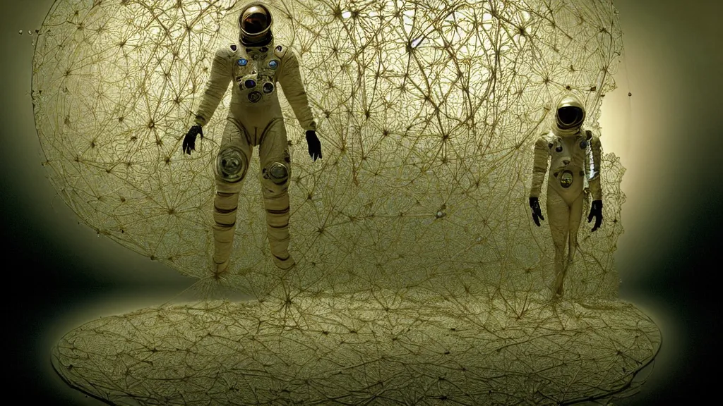 Image similar to a cybernetic symbiosis of a single astronaut eva suit swimming in infected with diamond 3d fractal lace iridescent bubble 3d skin covered with insectoid compound eye camera lenses floats through the living room, film still from the movie directed by Denis Villeneuve with art direction by Salvador Dalí, wide lens,