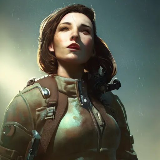 Image similar to fallout 5, charismatic beautiful rugged brunette female protagonist, portrait, outdoorsin front of vault 1 5 6, atmospheric lighting, painted, intricate, volumetric lighting, beautiful, daytime, sunny weather, slight overcast, sharp focus, deep colours, ultra detailed, by leesha hannigan, ross tran, thierry doizon, kai carpenter, ignacio fernandez rios