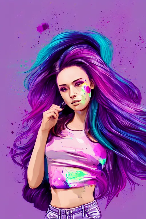 Image similar to a award winning half body portrait of a beautiful woman in a croptop and cargo pants with ombre purple pink teal hairstyle with head in motion and hair flying by artgerm, paint splashes, splatter, outrun, vaporware, shaded flat illustration, digital art, trending on artstation, highly detailed, fine detail, intricate