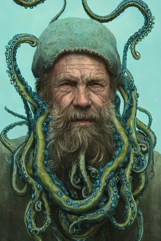 Image similar to portrait of an old fisherman with tentacles growing on him, blue and green, eldritch, d & d, face, fantasy, intricate, elegant, highly detailed, digital painting, artstation, concept art, smooth, sharp focus, illustration, art by greg rutkowski