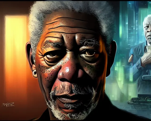 Image similar to morgan freeman with cyberpunk implants, deep focus, d & d, fantasy, intricate, elegant, highly detailed, digital painting, artstation, concept art, matte, sharp focus, illustration, hearthstone, art by artgerm and greg rutkowski and alphonse mucha