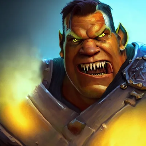 Image similar to Portrait of John Cena as a Warcraft orc, big fangs, angry face, mattepainting concept Blizzard pixar maya engine on stylized background splash comics global illumination lighting artstation lois van baarle, ilya kuvshinov, rossdraws