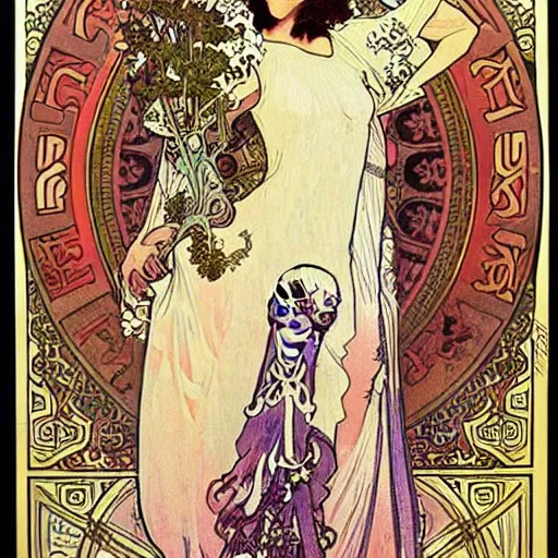 Prompt: a beautiful female necromancer surrounded by skulls by Alphonse Mucha