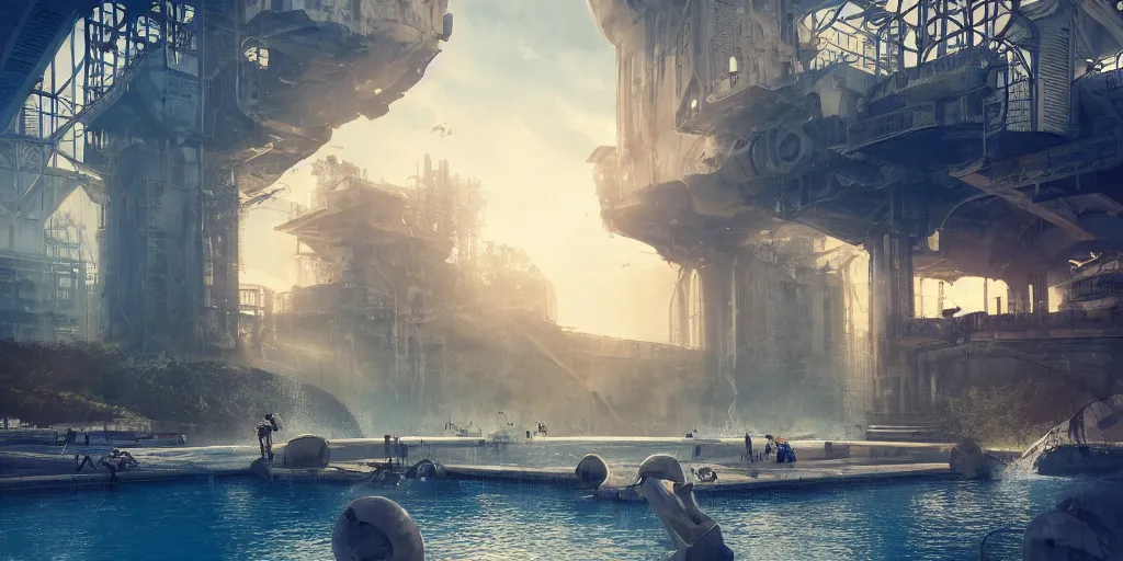 Prompt: alien spacecraft hovering over beautiful pool waterfalls surrounded by alien robots, steel archways, industrial buildings, rusty metal towers, sun setting, ross tran, fantasy, james jean, cinematic lighting, digital painting, octane render