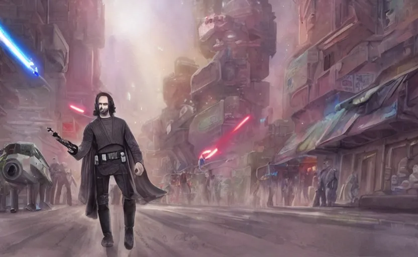 Image similar to a realistic star wars watercolor fantasy concept cart of chris d'elia as a drug dealer in a sleazy futuristic city of coruscant, hq, 4 k