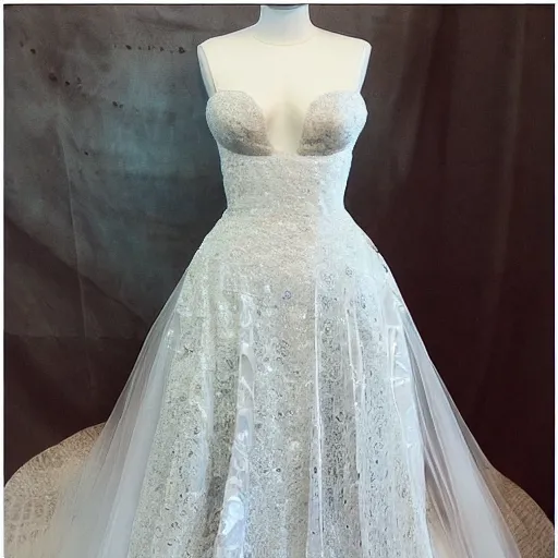 Prompt: full view, a beautiful full detailed ocean inspired wedding dress, put on a mannequin