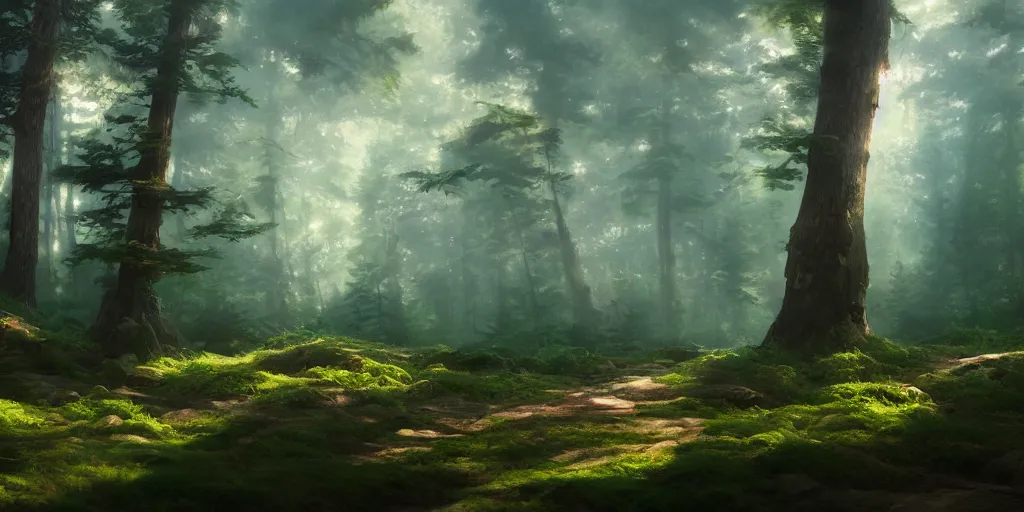 Image similar to a forest, oil painting, cinematic angle, hyperrealistic, volumetric lighting, dynamic, Studio Ghibli, digital art, octane render, post-processing, epic composition, trending on artstation, masterpiece