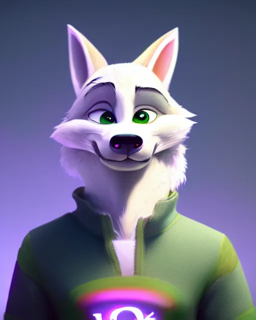 Image similar to portrait of cute male anthropomorphic white wolf in the style of zootopia in cyberpunk city, volumetric light, artstation, concept art, 8 k, high detail, perfect