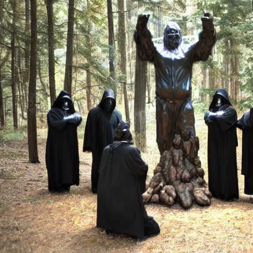 Image similar to black robed group of occultist worshipping a bigfoot statue