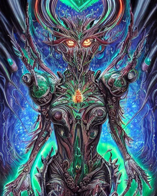 Image similar to silver mechanical charred bloody fleshmetal cyborg daemonhost woman psychedelic flamer of tzeentch with extra arms, blue and green rainbow fire, by antonio j. manzanedo, alex grey, android jones, wayne barlowe, philippe druillet, cyril rolando, josephine wall, harumi hironaka, cronenburg, trending on artstation