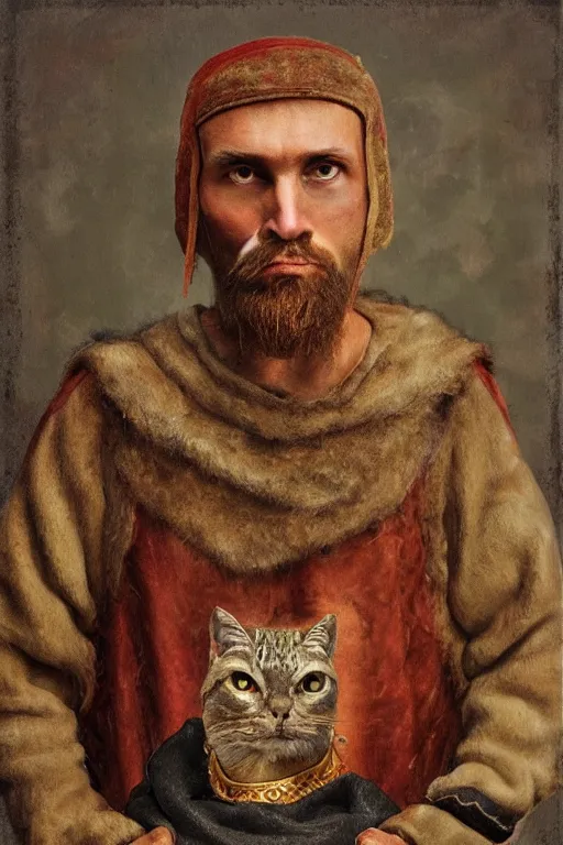 Prompt: Slavic cat head man, woolen torso in medieval clothes, Saint Christopher, oil painting, hyperrealism, beautiful, high resolution, trending on artstation