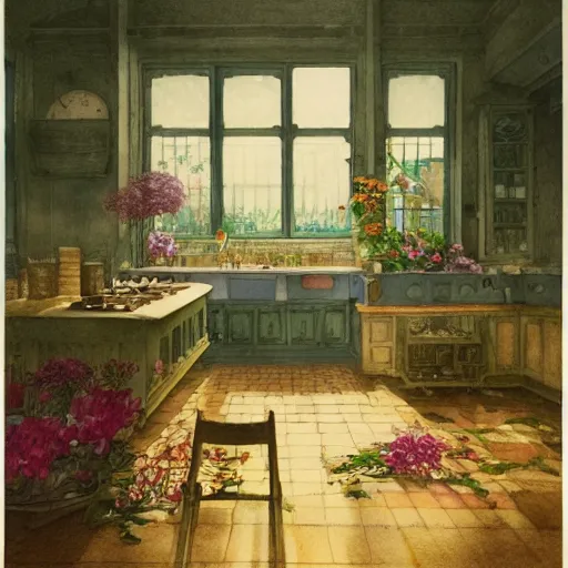 Image similar to a beautiful intricate watercolor illustration of a kitchen, flowers, leaves, 4 k, ultra - wide angle, by william turner, by victo ngai, by moebius, by gustave dore, hd, trending on artstation, hyper detailed, muted intense colors