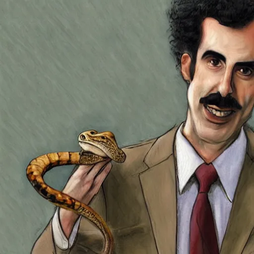 Image similar to courtroom sketch of borat holding a rattle snake, high quality, high resolution