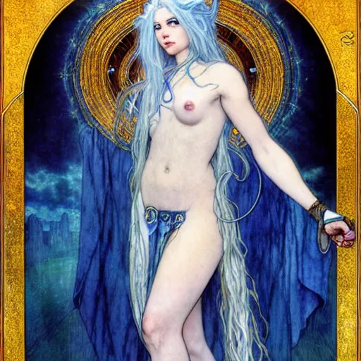 Image similar to half - length portrait of a female lightning genasi with blue skin and white hair made of sirrus clouds, full white robes, medieval, fantasy, d & d, luis royo, klimt, alphonse mucha