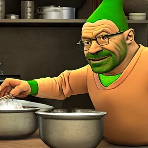 Prompt: Walter White cooking with Shrek