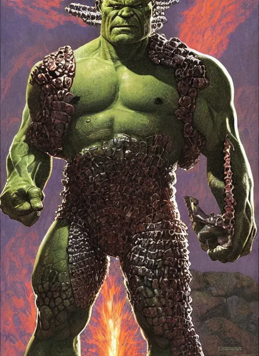 Prompt: josh brolin as metal armoured reptilian hulk in lava cave, explosoins, dynamic action, by lawrence alma - tadema and zdzislaw beksinski and norman rockwell and jack kirby and tom lovell and greg staples