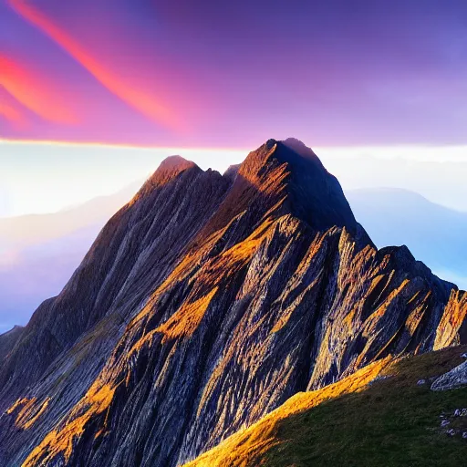 Prompt: Crib Goch!!!!!!!!!!! ridge, rays, epic, cinematic, photograph, atmospheric, dawn, golden hour, sunrise, purple blue sky clouds