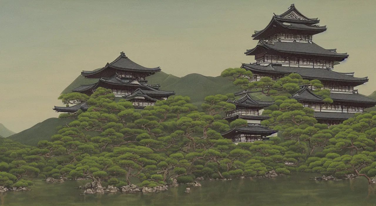 Image similar to a landscape painting of a Japanese castle