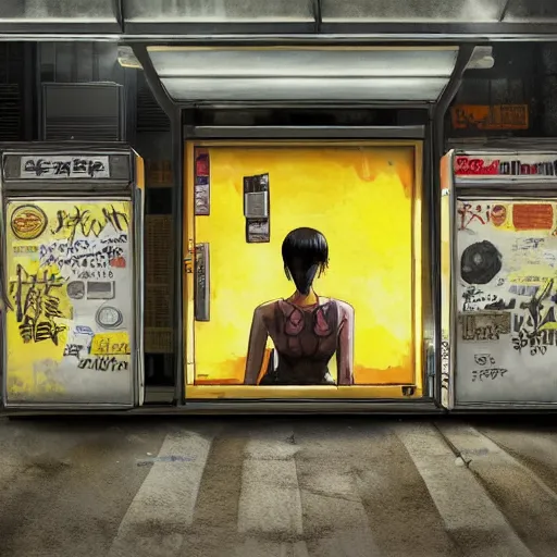 Image similar to incredible wide screenshot, ultrawide, simple watercolor, rough paper texture, ghost in the shell movie scene, backlit distant shot of girl in a parka running from a giant robot invasion side view, yellow parasol in deserted dusty shinjuku junk town, broken vending machines, bold graphic graffiti, old pawn shop, bright sun bleached ground, mud, fog, dust, windy, scary robot monster lurks in the background, ghost mask, teeth, animatronic, black smoke, pale beige sky, junk tv, texture, brown mud, dust, tangled overhead wires, telephone pole, dusty, dry, pencil marks, genius party,shinjuku, koji morimoto, katsuya terada, masamune shirow, tatsuyuki tanaka hd, 4k, remaster, dynamic camera angle, deep 3 point perspective, fish eye, dynamic scene