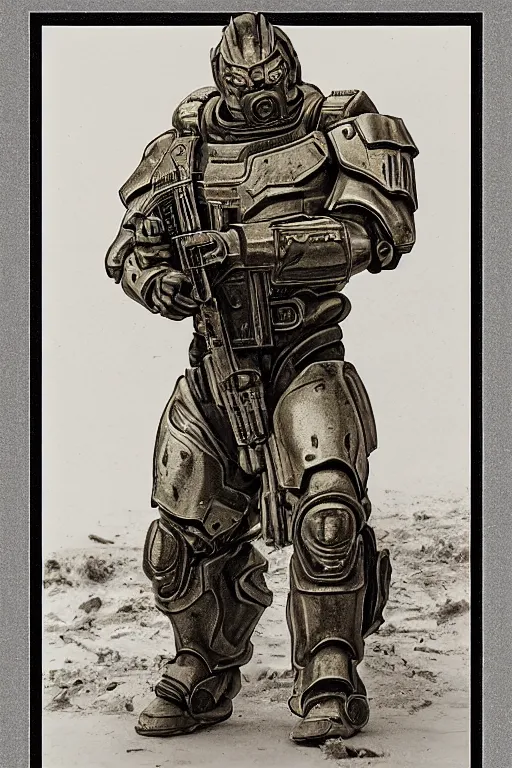 Prompt: doomguy, portrait, full body, symmetrical features, silver iodide, 1 8 8 0 photograph, sepia tone, aged paper, sergio leone, master prime lenses, cinematic