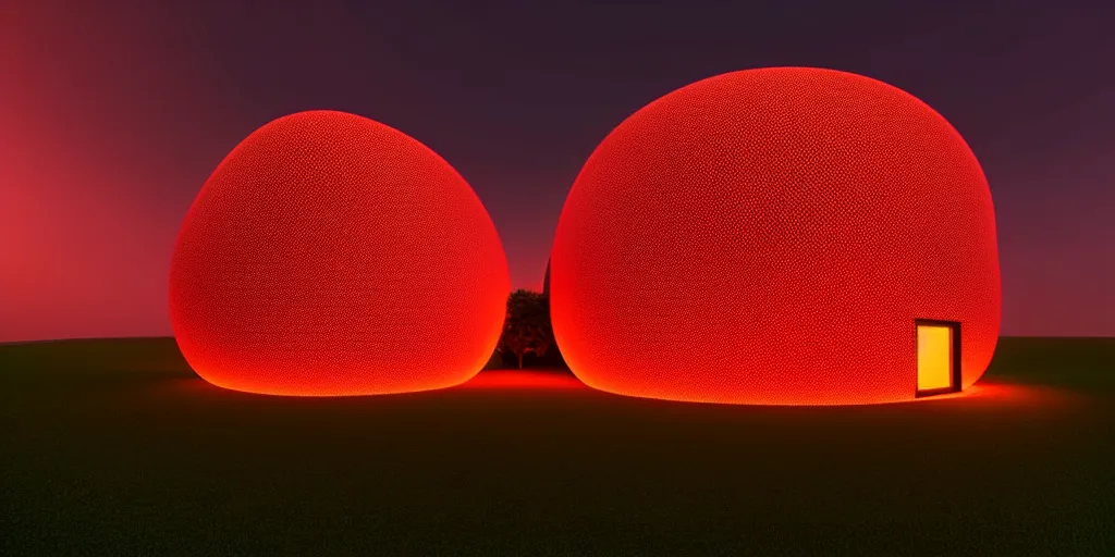 Prompt: A beautiful photo of a round shaped trypophobia house with a mysterious red glow emitting from inside, by octane render and corona render, stunning, gorgeous, golden ratio, photorealistic, featured on artstation, 4k resolution