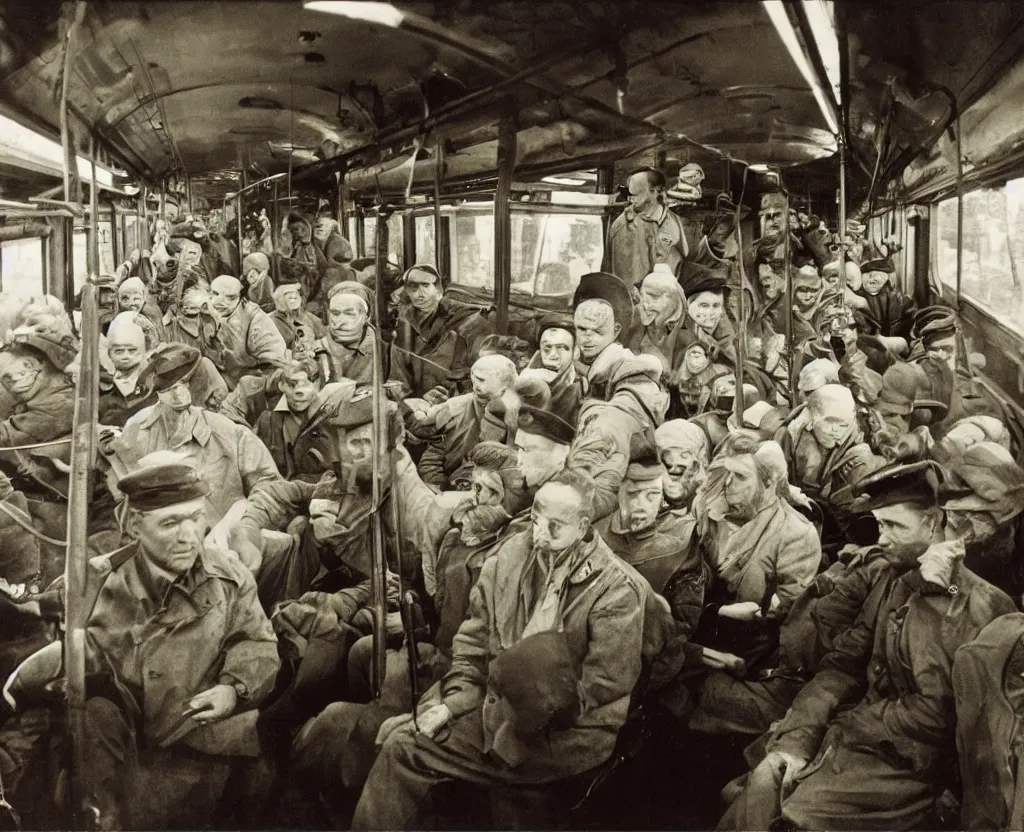 Prompt: Photo from inside the metro wagon, in the center of the frame stands one calm man up to his chest in water and looks at the camera. Metro wagon is half flooded. Warm lighting, old color photo, USSR, extremely detailed, 8k, colorful