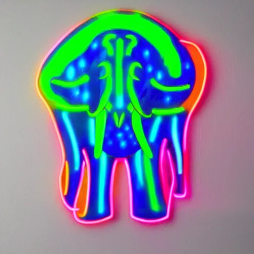 Image similar to metallic cyber elephant with glowing neon tusks