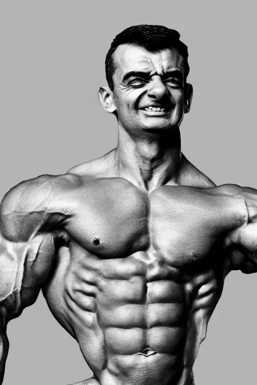 Image similar to Mr Bean head on a ripped body builder gigachad body, cardboard cutout, grayscale photography