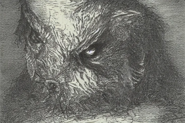 Prompt: werewolf face, Gustave Dore lithography