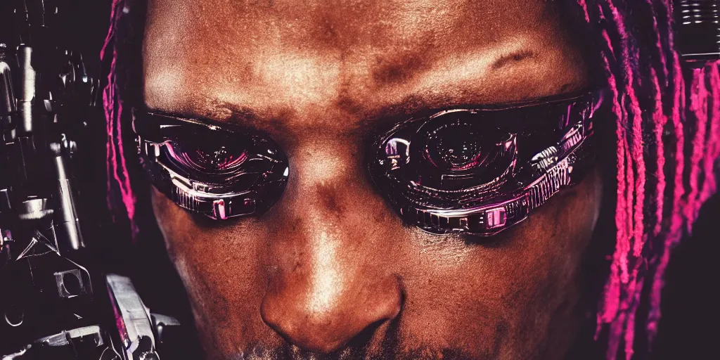 Prompt: dark portrait of cyberpunk snoop dog, cyborg, hyper realistic, highly detailed, sharp focus, cyberpunk style, trending on artstation, 8k, 35mm, cinematic lighting