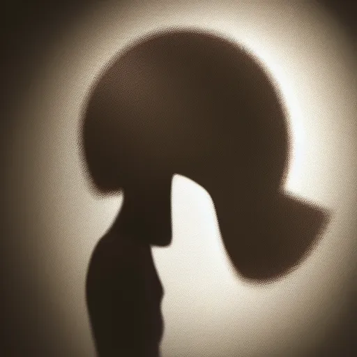 Image similar to elevated square that is frame centered with a circle matte inside, behind is a silhouette figure with a soft light barely hitting the top of her head and side of her cheek, volumetric lighting, relaxed subtle gaze into camera