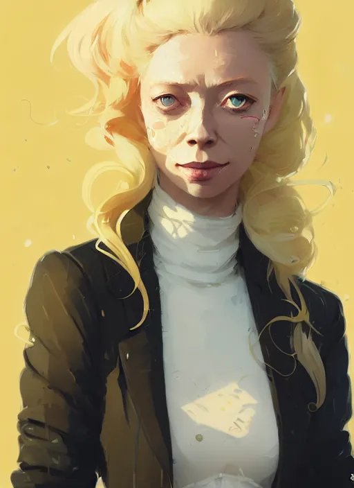 Image similar to highly detailed closeup portrait of beautiful portia doubleday, blonde wavy hair, angela moss, white suit by atey ghailan, by greg rutkowski, by greg tocchini, by james gilleard, by joe fenton, by kaethe butcher, gradient yellow, black and white color scheme, grunge aesthetic!!! ( ( graffiti tag wall background ) )