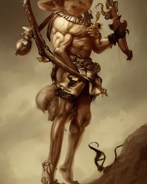 Image similar to baroque portrait of a male were-rat with the head of a rat. he is very muscular. he is wielding an axe. 4K trending on artstation by peter mohrbacher