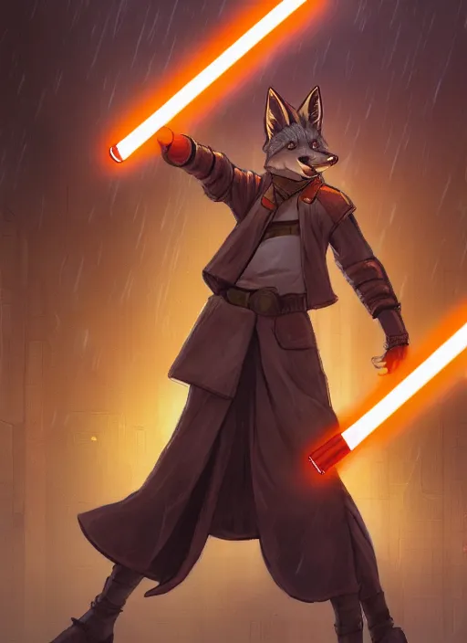 Image similar to character portrait of a anthro coyote fursona wearing jedi robes wielding an orange lightsaber in a cyberpunk city at night while it rains. hidari, color page, tankoban, 4K, tone mapping, Akihiko Yoshida.