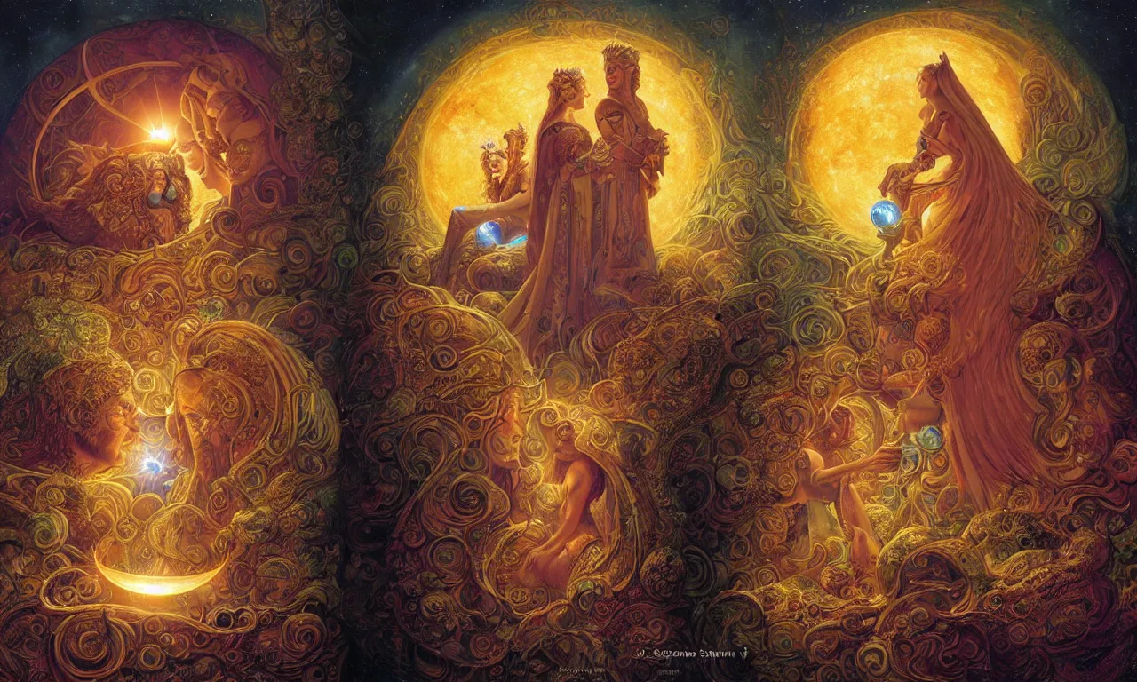 Image similar to sun king and moon queen in the cosmic court of mystical astronomy, art by james c. christensen and marc simonetti