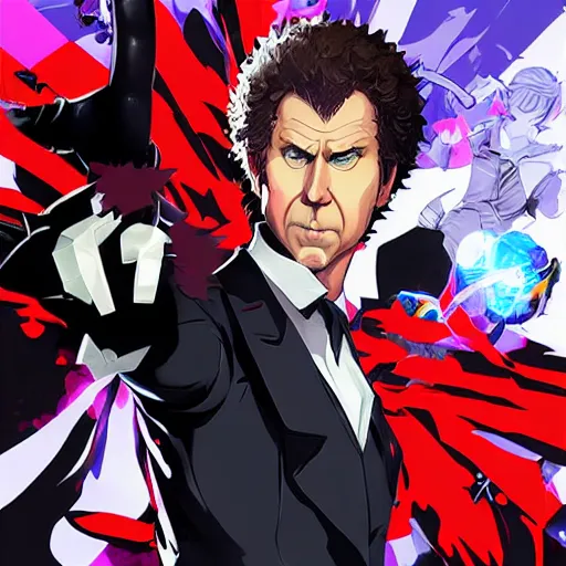 Image similar to will ferrell action portrait in the style of persona 5, atlus video game, video game cover featuring will ferrell, stylized anime art