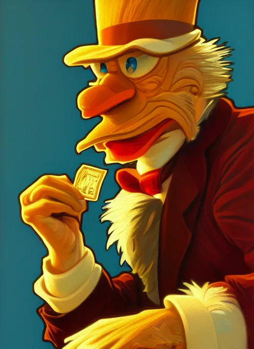 Prompt: oil portrait of scrooge mcduck, intricate, elegant, highly detailed, lighting, painting, artstation, smooth, illustration, art by greg rutowski and alphonse mucha