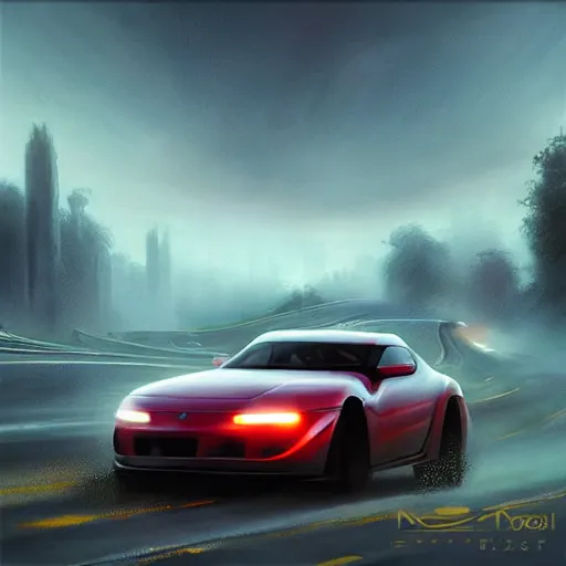 Prompt: a supra style car driving on a high way in a fog realistic atmosferic casper david friedrich raphael lacoste vladimir kush leis royo bruce pennington volumetric light effect broad light oil painting painting fantasy art style sci - fi art style realism artwork unreal engine