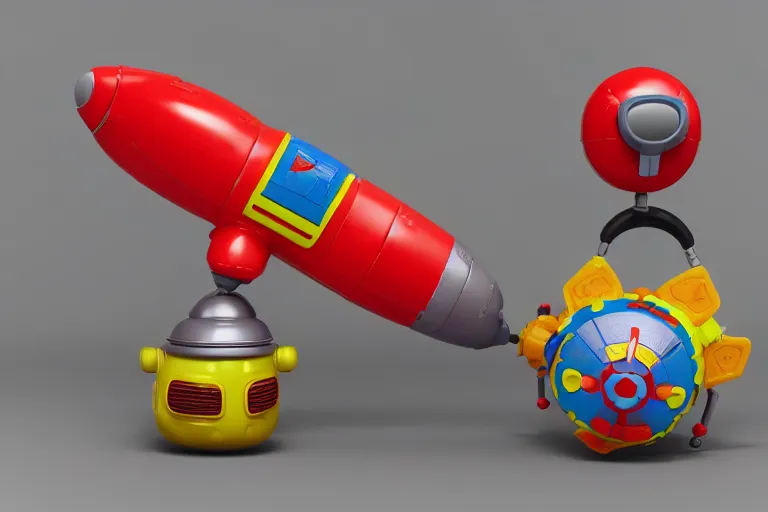 Image similar to product photo of toy nuclear bomb made by fisher price, colorful plastic, high quality, intricate detail, realistic textures, octane render, unreal engine 5, hyperrealism