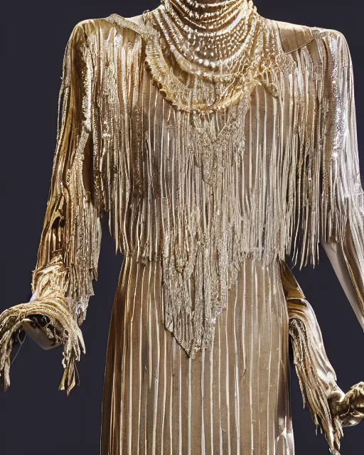 Prompt: the film still photographed image is a vintage 1 9 2 0 s haute couture outfit ensemble was inspired by mercury. it is displayed on a mannequin in a museum exhibit. vibrant cinematography, anamorphic lenses, upscale, hyper realistic photo, crisp, detailed image in 8 k resolution.