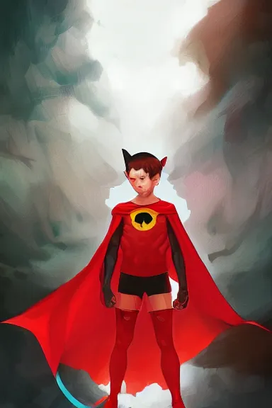 Prompt: little boy with cat ears in an black outfit with red cape. digital artwork made by lois van baarle and james jean and marc simonetti, sharpness focus, inspired by hirohiko araki, anatomically correct, heroic composition, hero pose, smooth