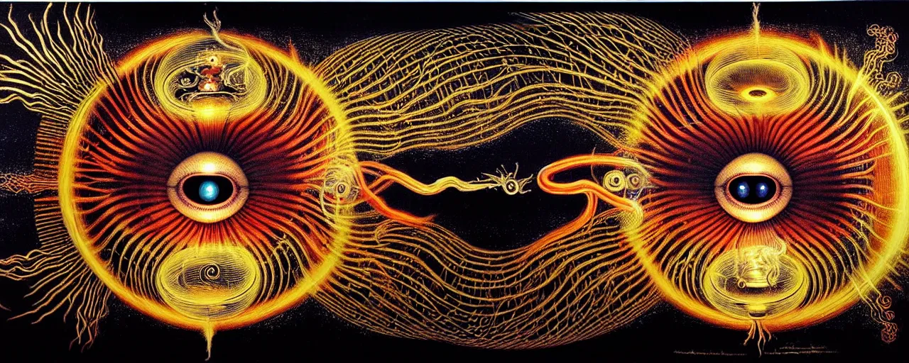 Image similar to a strange fire creature with endearing eyes radiates a unique canto'as above so below'while being ignited by the spirit of haeckel and robert fludd, breakthrough is iminent, glory be to the magic within, in honor of saturn, painted by ronny khalil