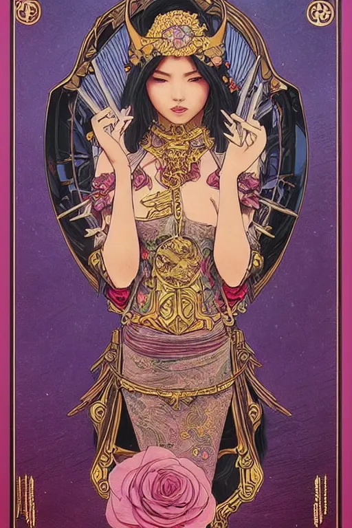 Image similar to Death tarot card design portraying Hello Kitty in ancient Java style, D&D, MtG art,fantasy, intricate, elegant, highly detailed, digital painting, artstation, concept art, smooth, sharp focus, hyperrealistic,illustration, art by artgerm and greg rutkowski and alphonse mucha