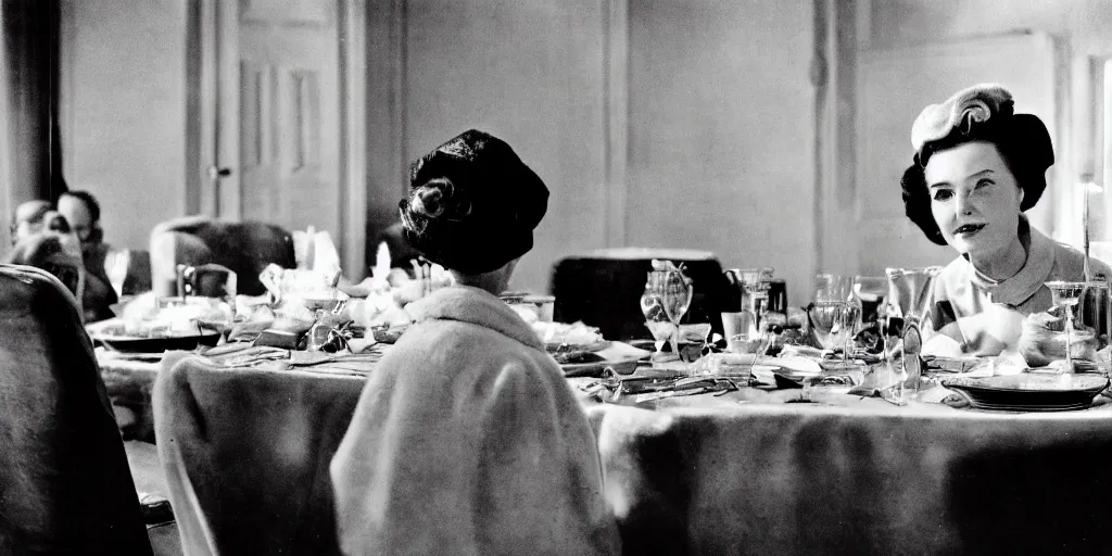 Prompt: close up detailed sharp photograph in the style of popular science circa 1 9 5 5 and gregory crewdson of a 1 9 5 0 s of an elderly woman wearing a mink stole and pearls with a white bouffant hairdo sitting at a banquet table. 1 5 0 mm lens