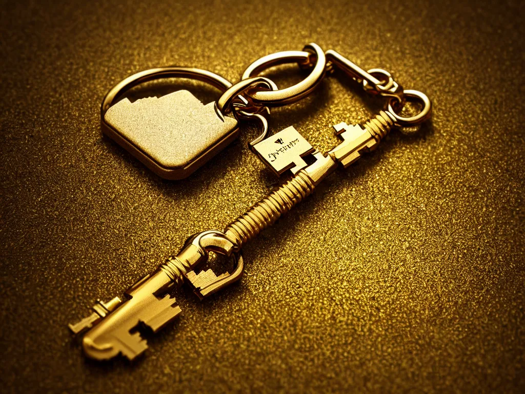 Prompt: a close up of a gold key chain, a macro photograph by dennis h. farber, featured on behance, kitsch movement, rendered in cinema 4 d, octane render, tilt shift